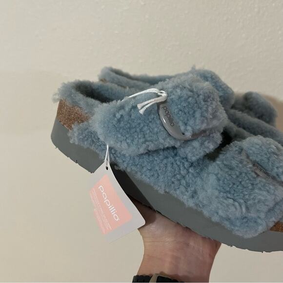 Birkenstock Arizona Big Buckle Shearling Slide Sandal in Blue Faded Aqua NEW 39 - Picture 5 of 11
